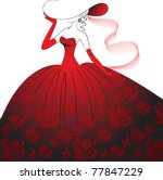 Lady in hat, gloves and a long dress with floral pattern