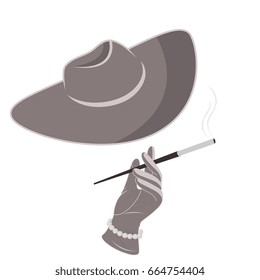 A lady in a hat and gloves smokes a cigarette.