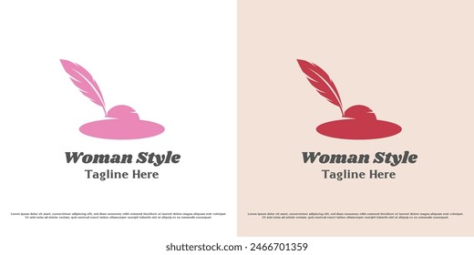 Lady hat logo design illustration. Silhouette of a hat with beautiful feathers girl , fashion, lifestyle, outfit, women's clothing, apparel, jewelry. Flat icon symbol simple minimal luxury elegant.