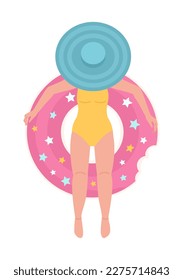 Dame in Hut liegt auf aufblasbaren Donut Ring halbflachen Vektorgrafik. Bearbeitbare Zahl. Vollständige Körperperson auf Weiß. Einfache Cartoon-Style-Spot-Illustration für Web-Grafik-Design und Animation