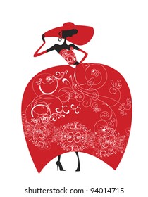 Lady in a hat and a red evening gown, adorned with lace