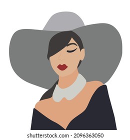 Lady in a hat with red lips and dark hair. Portrait, avatar. Vector.