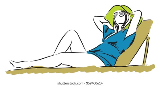 lady with a hat and sunglasses relaxing illustration