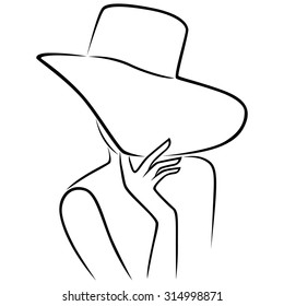 Lady in hat with wide brim that hides the face, sketching vector outline