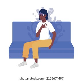 Lady having panic attack semi flat color vector character. Sitting figure. Full body person on white. Feel anxious and stressed simple cartoon style illustration for web graphic design and animation