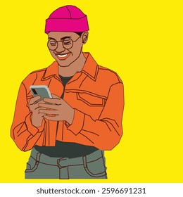 lady with head warmer checking her cell phone