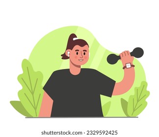 Lady in headphones holding dumbbell. Cartoon character doing sports exercises. Regular physical activity. Active and healthy lifestyle concept. Flat vector illustration in green colors