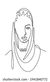 The lady in the headscarf is drawn in a single line. Spa services.Beauty salon. Drawing a single line. Minimalism. Print for T-shirts, for coloring. minimalist poster line, cosmetics, creams, hats