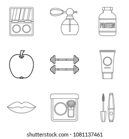 Lady healthcare icons set. Outline set of 9 lady healthcare vector icons for web isolated on white background