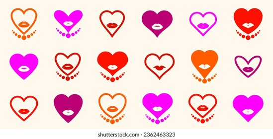 Lady hearts vector logos or icons set, woman faces in a shape of heart, graphic design elements, attractive lips love Valentine theme.