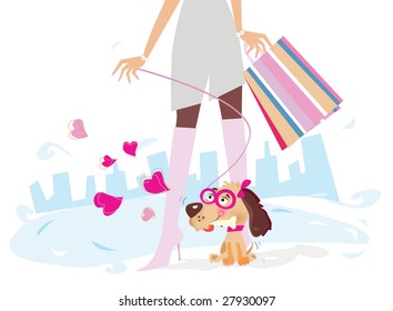 Lady with her lady dog on shopping in the town.