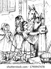 A lady with her head covered and two small girls, feeding their donkey, vintage line drawing or engraving illustration.