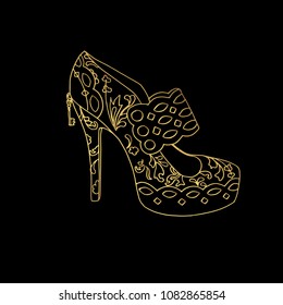 Lady hogh heels or woman T-strap, girl shoes. Golden female boot with zentangle style pattern, women clothing ornamental accessory. Glamor and shopping art, hand drawn boutique theme for coloring book