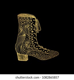 Lady hogh heels or woman T-strap, girl shoes. Golden female boot with zentangle style pattern, women clothing ornamental accessory. Glamor and shopping art, hand drawn boutique theme for coloring book