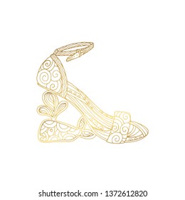 Lady hogh heels or woman T-strap, girl shoes. Golden female boot with doodle style pattern, women clothing ornamental accessory. Glamor and shopping art, hand drawn boutique theme for coloring book