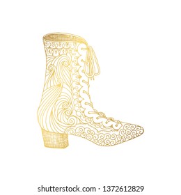 Lady hogh heels or woman T-strap, girl shoes. Golden female boot with doodle style pattern, women clothing ornamental accessory. Glamor and shopping art, hand drawn boutique theme for coloring book