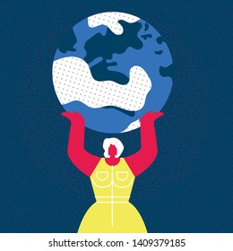 Lady Hold Planet Earth Flat Vector Illustration. Strong Female Character with Globe in Hands. Women Strength, Empowerment, Equality. Human Rights. Girl Power, Environment Protection Symbol