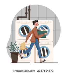 Lady holding basin with clothes, going to washing machine. Young students doing laundry. Concept of duties, chores and housekeeping. Vector flat illustration in blue colors in cartoon style