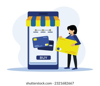 Lady holding big credit card, buying things online. Character using online payment and delivery order service. Mobile app payment by credit card for express delivery package. Vector illustration