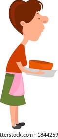 Señora sosteniendo una torta, ilustración, vector sobre fondo blanco