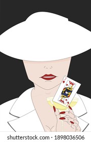 A lady holding a champaigne glass with a jack of hearts in it. Jack of hearts holding illustration. Jack of hearts in a glass.