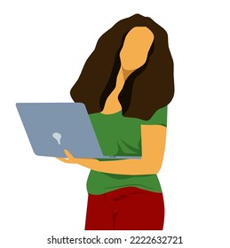 Lady holding computer and working on it.