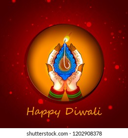 Lady holding diya for Happy Diwali celebration of India Holiday. Vector illustration