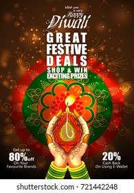 Lady holding diya for Happy Diwali celebration of India Holiday with festive deal background. Vector illustration