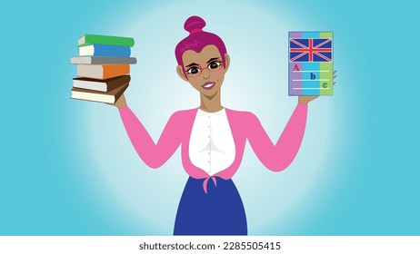 The lady is holding foreign language textbooks, an English textbook.
