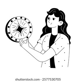 A lady holding gambling chip, glyph style illustration 