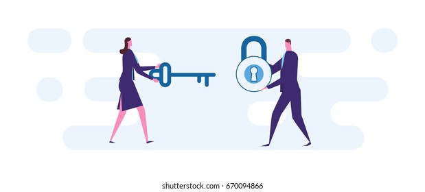 A lady is holding a key to put in a lock that a man is holding.