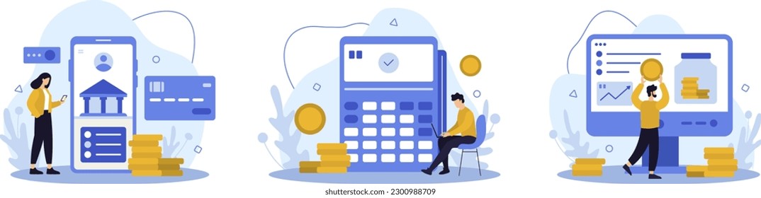 Lady holding mobile phone and buying tickets, using banking services. Online banking, payment on phone and laptop concept. Man sitting near POS-terminal, working on laptop. Flat vector illustration