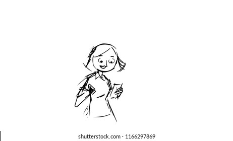 the lady is holding a phone in her hand and looking at him with a smile, illustration of a vector sketch from a cartoon storyboard project.