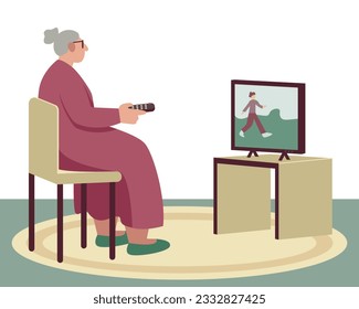 Lady holding remote controller and watching TV show. Elderly, senior human spending time at home. Concept of life for older people, recreation. Flat vector illustration in green and purple colors