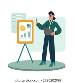 Dama sujetando la tableta y mostrando la presentación con el carrito y los diagramas. Empleados incrementando capital y beneficios en el trabajo. Concepto de libertad financiera. Ilustración plana vectorial en colores verde y amarillo