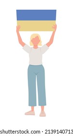 Lady holding Ukrainian flag semi flat color vector character. Posing figure. Full body person on white. Stop war simple cartoon style illustration for web graphic design and animation