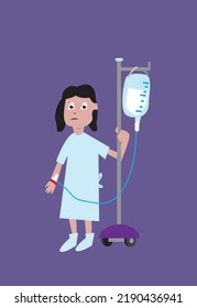 Lady In Hospital Gown Walking With IV. Editable Clip Art. 