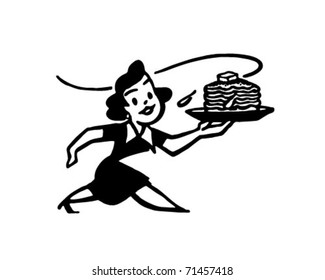 Lady With Hotcakes - Retro Ad Art Illustration