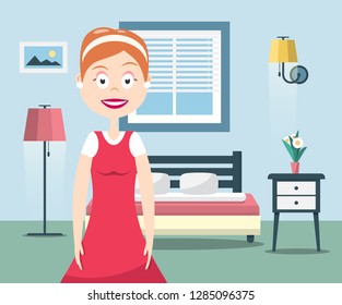 Lady of the House. Happy Woman in Bedroom. Vector Interior Design with bed, Window and Lamps.