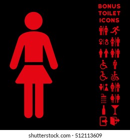 Lady icon and bonus gentleman and female toilet symbols. Vector illustration style is flat iconic symbols, red color, black background.