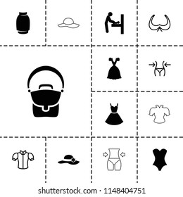 Lady icon. collection of 13 lady filled and outline icons such as baby changing room, dress, bra, slim, blouse, woman hat, corset, bag. editable lady icons for web and mobile.