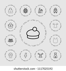 Lady icon. collection of 13 lady outline icons such as woman bag, blouse, skirt, dress, woman hat, father with not in shopping cart. editable lady icons for web and mobile.