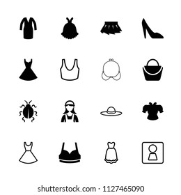 Lady icon. collection of 16 lady filled and outline icons such as woman bag, sport bra, dress, woman wc, blouse, maid, skirt, ladybug. editable lady icons for web and mobile.