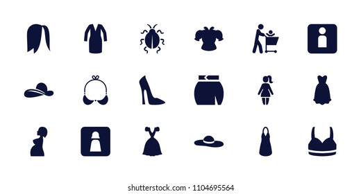 Lady icon. collection of 18 lady filled icons such as woman shoe, dress, skirt, father with not in shopping cart, pregnant woman. editable lady icons for web and mobile.