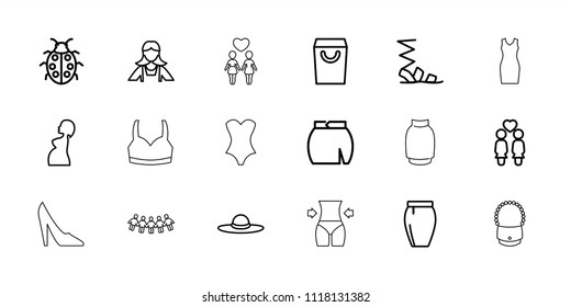Lady icon. collection of 18 lady outline icons such as maid, sandals, skirt, woman hat, shopping bag, ladybug, women couple. editable lady icons for web and mobile.