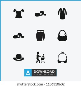 Lady icon. collection of 9 lady filled icons such as dress, bag, woman hat, bra, blouse, skirt. editable lady icons for web and mobile.