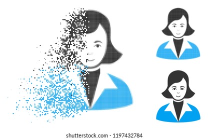 Lady icon with face in sparkle, pixelated halftone and undamaged whole variants. Pixels are grouped into vector dispersed lady icon. Disintegration effect involves rectangular sparks.