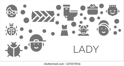 lady icon set. 11 filled lady icons.  Collection Of - Grandmother, Plait, Ladybug, Dress, Girl, Toilet, Boy, Purse