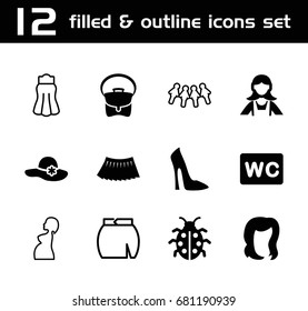 Lady icon. set of 12 lady filled and outline icons such as hairstyle, woman shoe, woman hat, maid, wc, bag, skirt, ladybug, pregnant woman