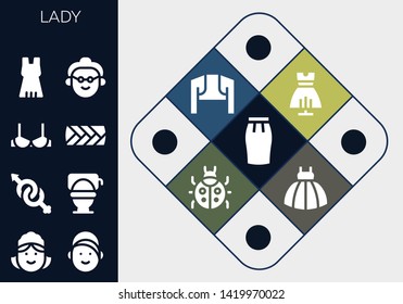 lady icon set. 13 filled lady icons.  Simple modern icons about  - Skirt, Maid, Girl, Gender, Toilet, Brassiere, Plait, Dress, Grandmother, Bolero, Ladybug